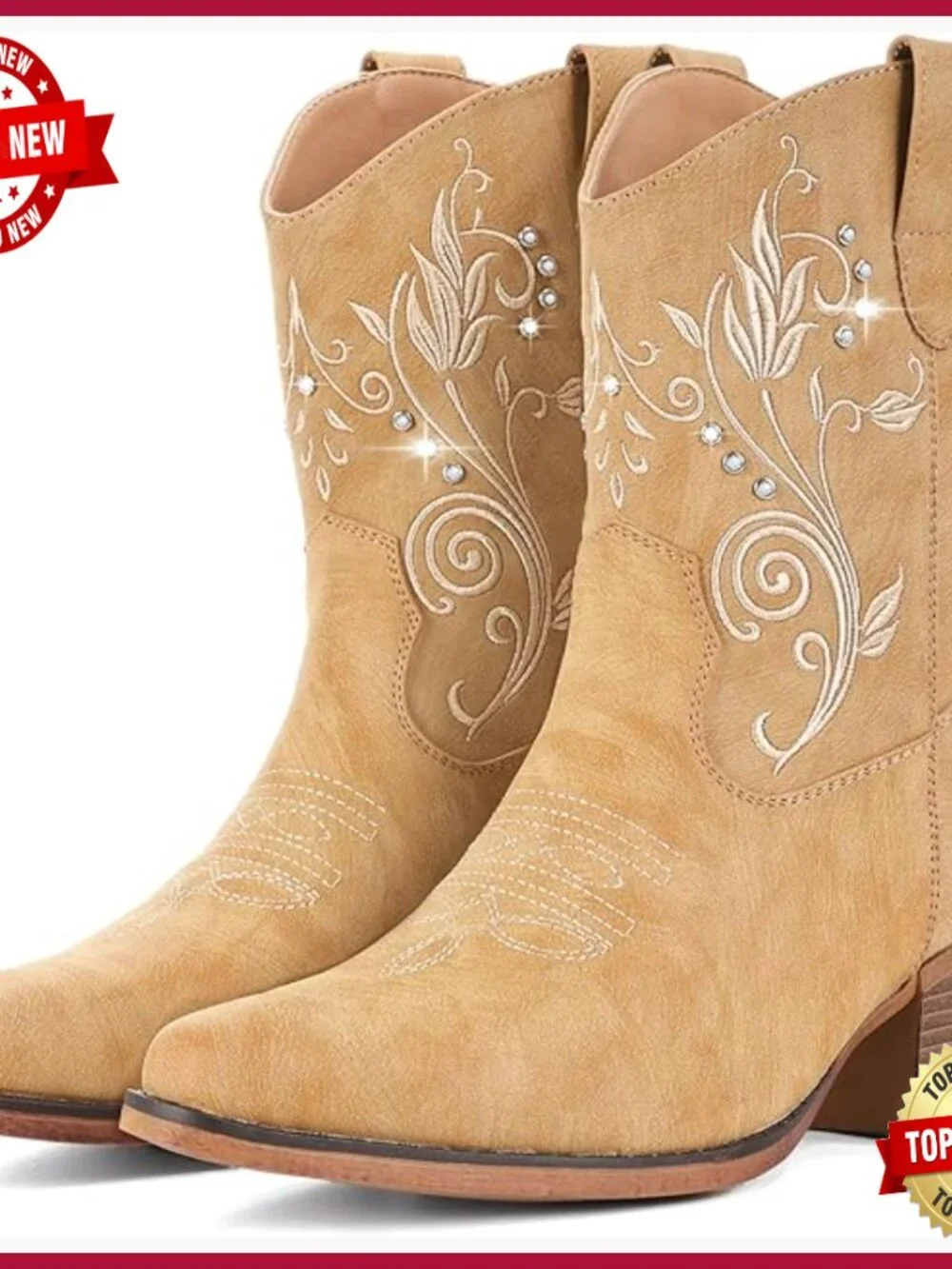 Ankle Cowgirl Boots with Rhinestone Embroidered Chunky Heel Snip Toe Western